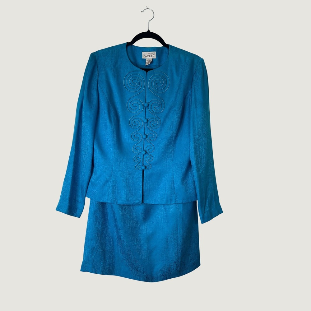 Adrianna Papell Skirt Suit Womens 10 Teal Blue Silk Soutache Embroidered Vintage